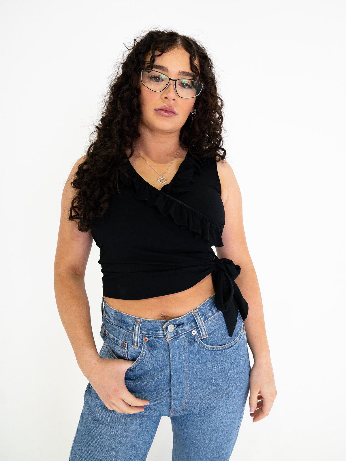 Vintage 00's Black Frill Side Tie Tank - S - Playground Vintage