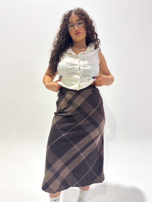 Vintage 00's Brown Plaid Wool Maxi Skirt - S - Playground Vintage
