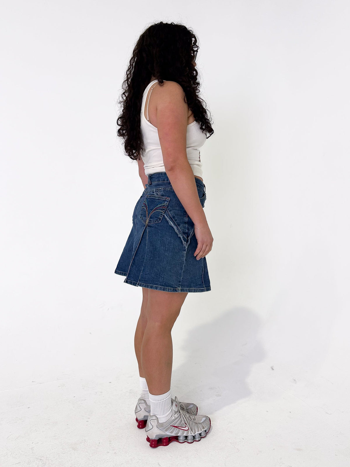 Vintage 00's Denim Pleat Mini Skirt - M - Playground Vintage