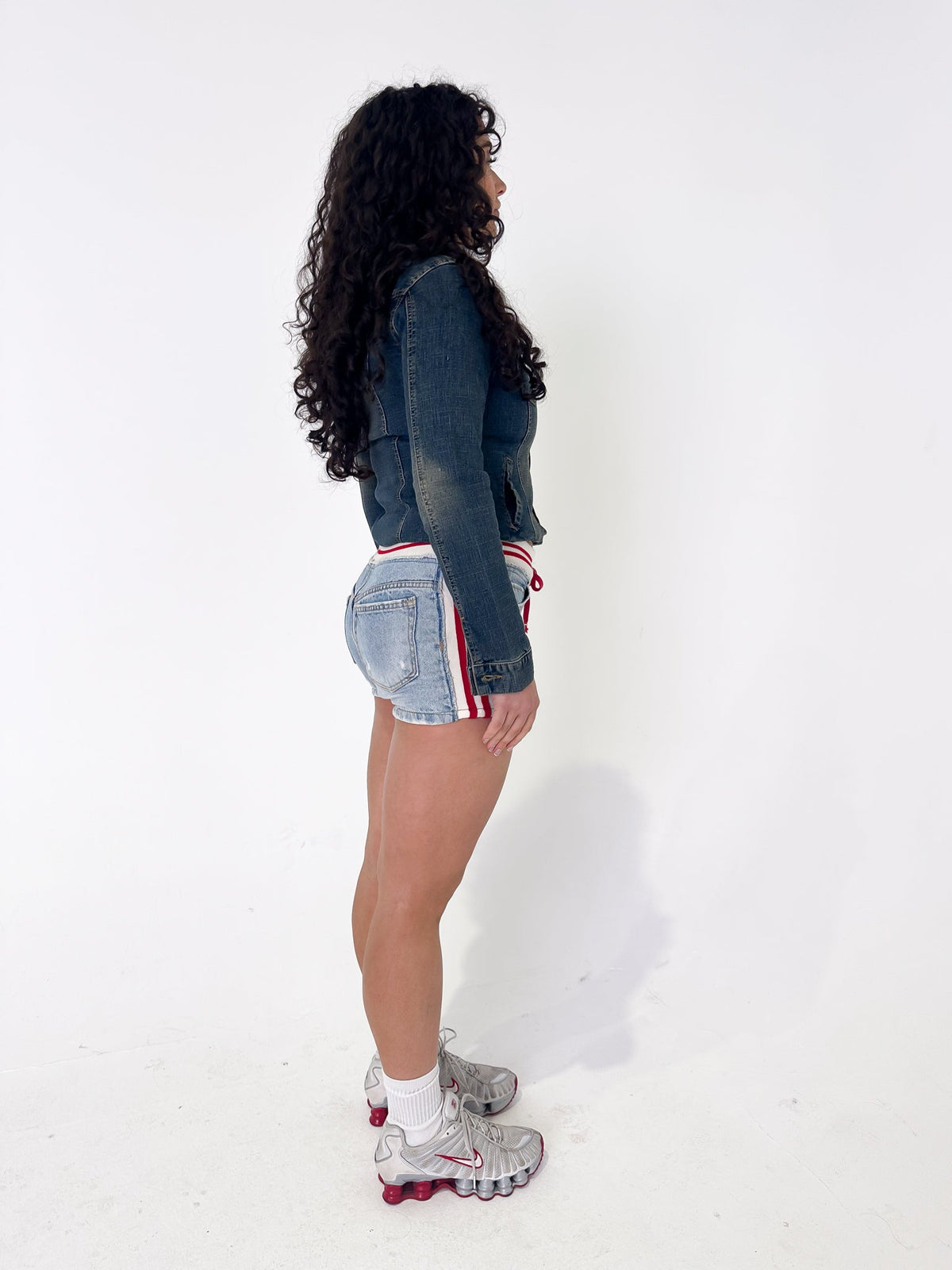 Vintage 00's Denim Red Stripe Drawstring Shorts - M - Playground Vintage