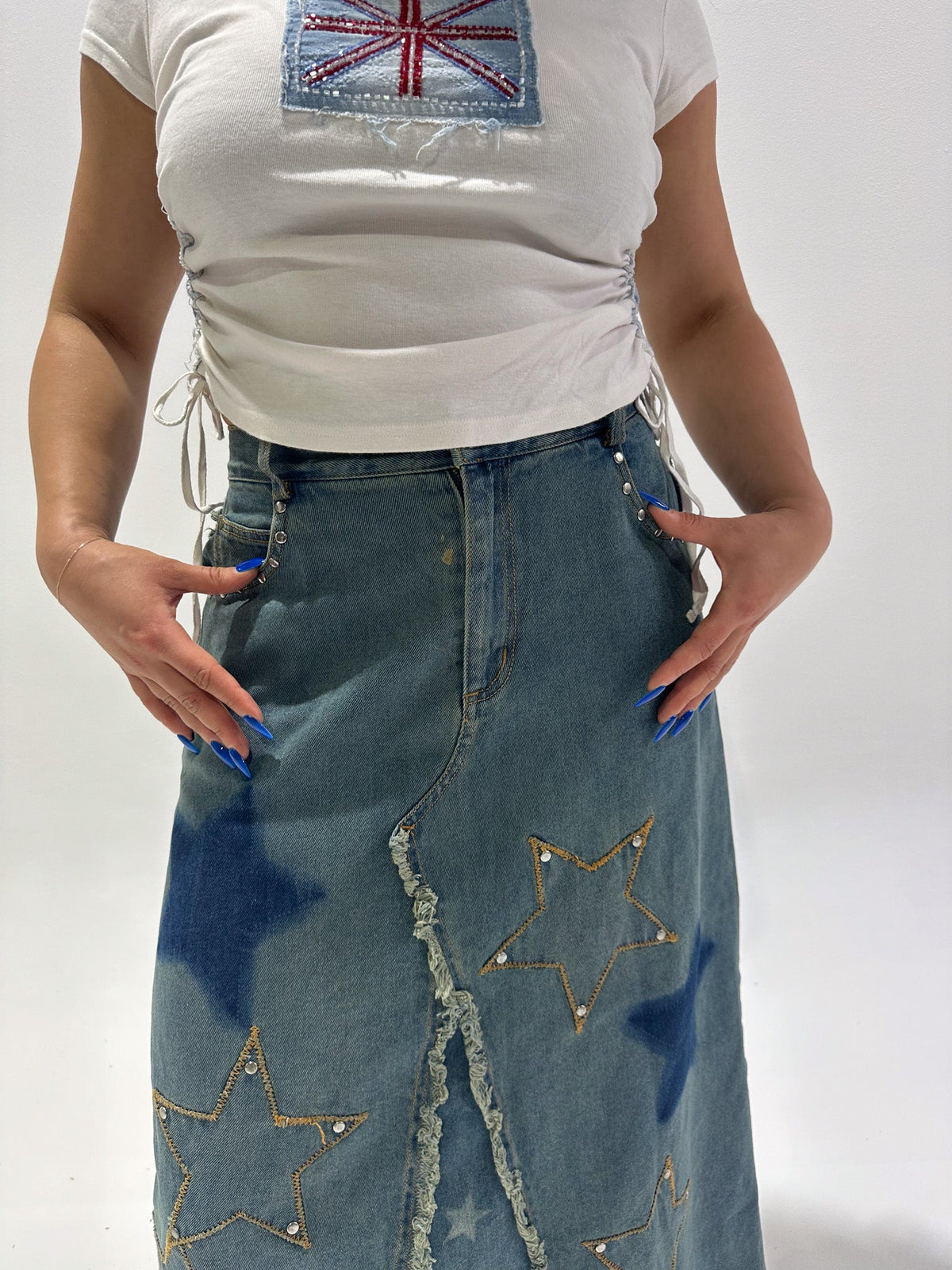 Vintage 00's Star Design Denim Maxi Skirt - M - Playground Vintage