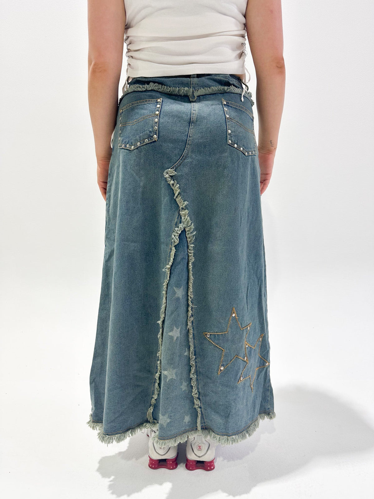 Vintage 00's Star Design Denim Maxi Skirt - M - Playground Vintage