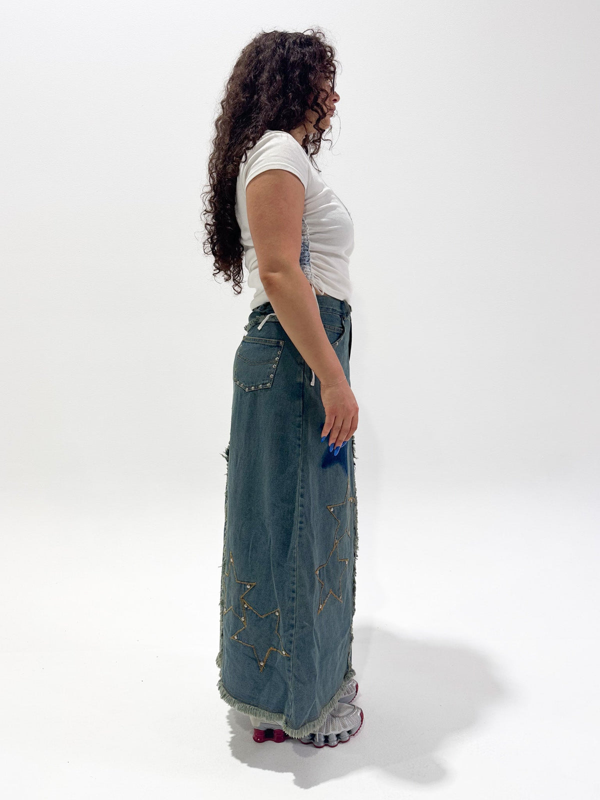 Vintage 00's Star Design Denim Maxi Skirt - M - Playground Vintage