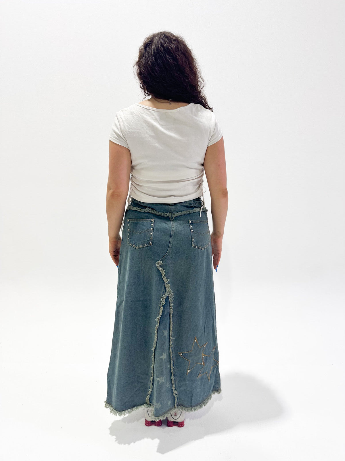 Vintage 00's Star Design Denim Maxi Skirt - M - Playground Vintage