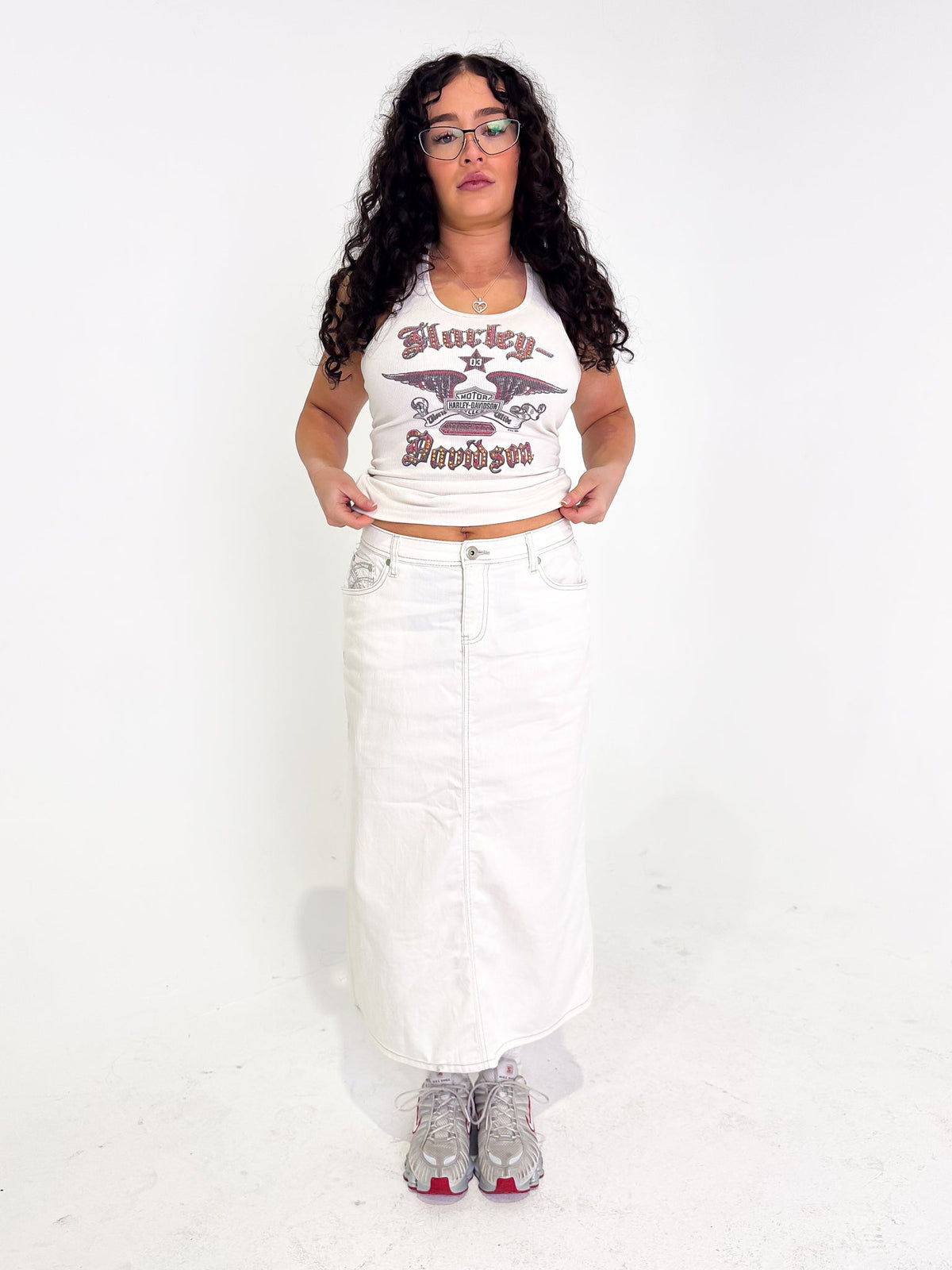 Vintage 00's White Denim Maxi Skirt - L - Playground Vintage