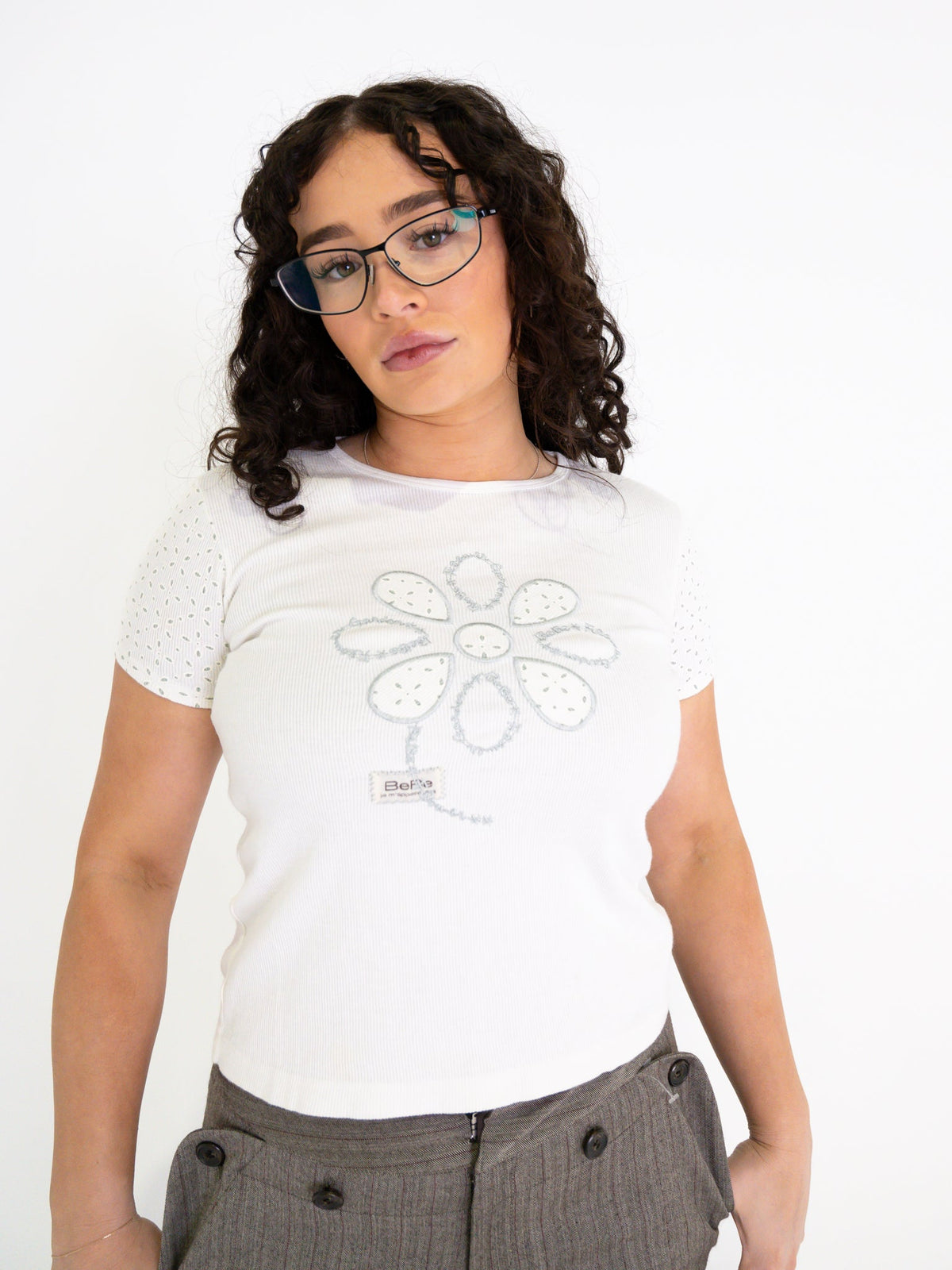 Vintage 00's White Flower Top - M - Playground Vintage