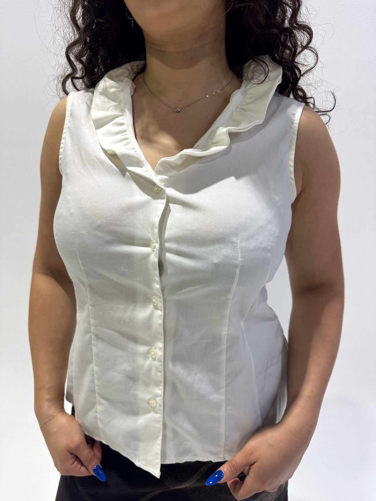 Vintage 00's White Frill Tank Button Up Blouse - M - Playground Vintage