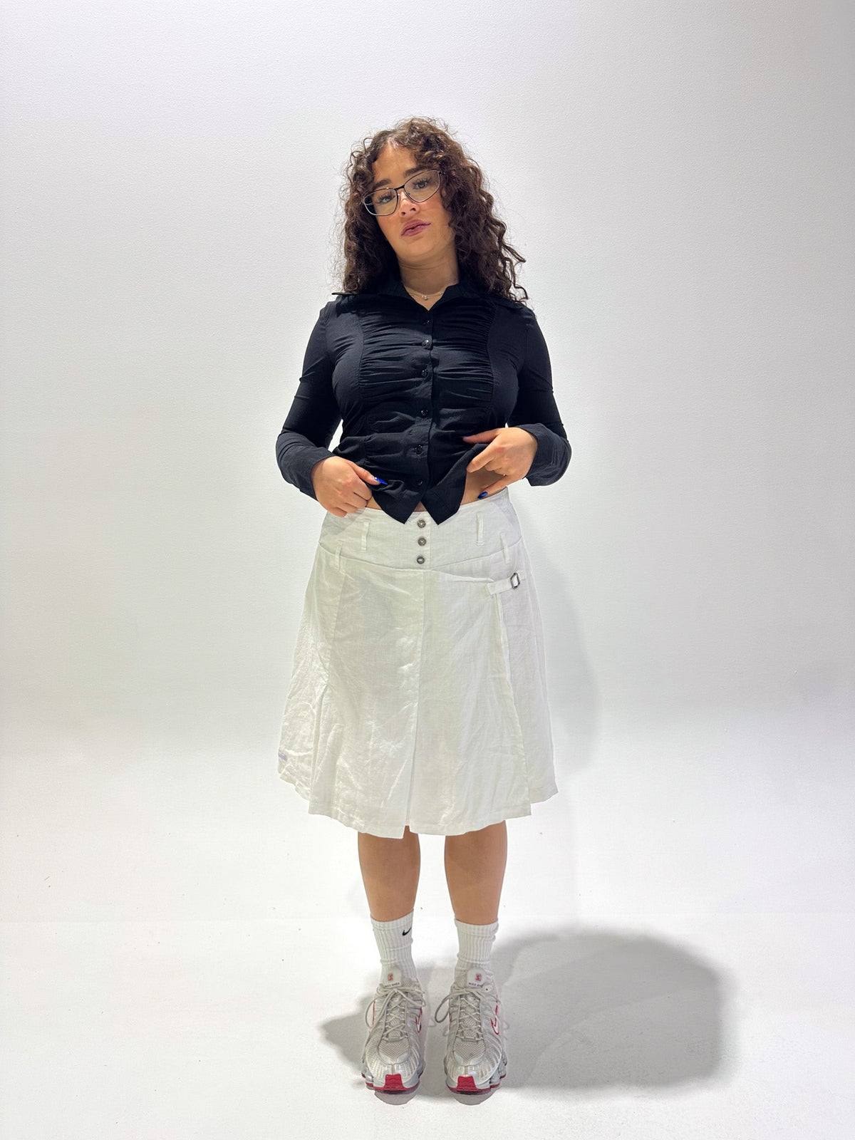 Vintage 00's White Linen Midi Skirt - L - Playground Vintage